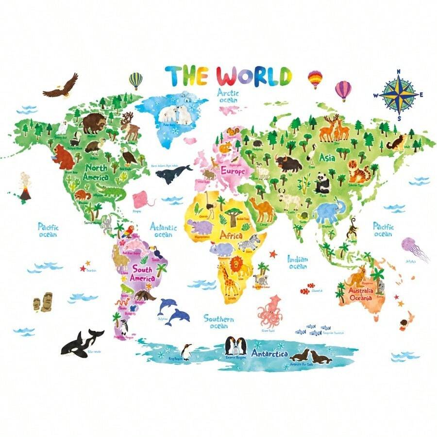 DLT1615 Animal World Map Wall Stickers Wall Decals Peel And Stick Removable Wall Stickers For Nursery Bedroom Living Room - 彩色 - 查看 1