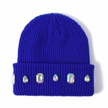 1pcs Niche Rhinestone Knitted Beanie - Multiple Colors Available, Autumn Winter Warm/Street Style Accessory, Eye-Catching Personality Headwear - màu đen - Xem 9