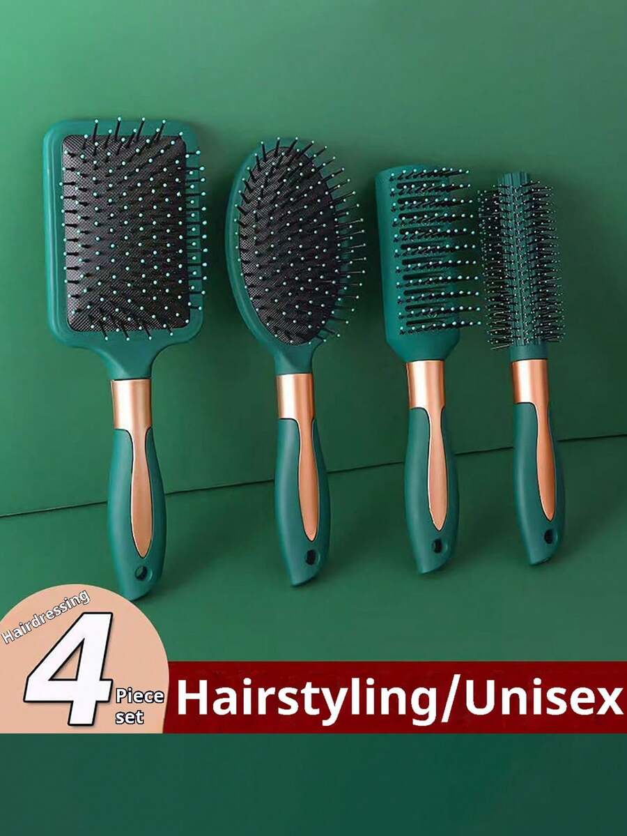 4 piezas Cepillo de pelo con cojín verde esmeralda - Masajeador de cuero cabelludo ventilado y peine para peinar, cepillo cuadrado tipo paleta para cabello rizado y liso, accesorios para el cabello - Multicolor - Ver 1