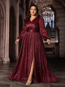 Đầm dạ hội dài tay sang trọng, lấp lánh, cỡ lớn, cổ chữ V, thích hợp cho tiệc chiêu đãi, bữa tối, dạ hội từ thiện, lễ kỷ niệm, tiệc cocktail, đầm maxi xẻ cao màu trơn dành cho phụ nữ có thân hình đầy đặn, thích hợp cho đám cưới, tiệc mùa xuân. - Màu Đỏ Sâu - Xem 4