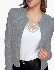 2025 Spring New Women's Fashion Stand Collar Solid Color Sequin Jacket Short Casual Versatile Small Jacket - Grey - View 1