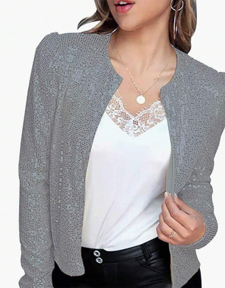2025 Spring New Women's Fashion Stand Collar Solid Color Sequin Jacket Short Casual Versatile Small Jacket - Grey - View 1