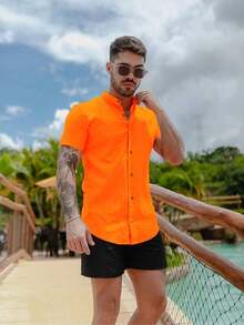 Men's Short-Sleeve Shirt With Mandarin Collar And Linen-Look - Assorted Colors - Comfortable - Orange - View 2