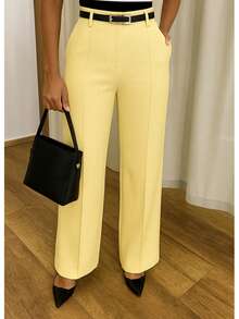 Women's Wide-Leg Pants | High Waist With Side Pockets + Belt - 黃色 - 查看 1