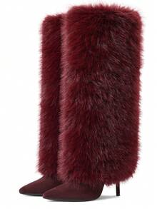 Women's Fuzzy Knee High Christmas Boots Sexy Fashion Faux Fur Side Zipper Boots Pointed Toe Stiletto Heel Casual Versatile Boots Winter Outfit For Women New Year Party Fashionable For Halloween Date Night - 酒紅色絨面 - 查看 2
