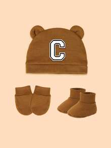 3件套新生儿礼盒，包含1顶白色经典字母装饰婴儿帽、1副防抓手套、1双连体衣，男女宝宝均可佩戴，时尚个性，适合节日、新生儿礼物和日常穿着。 - 咖色 - 查看 5