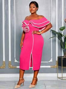 AOMEI 大码女式亮粉色性感露肩荷叶边连衣裙，白色滚边，3D 立体漩涡装饰，修身中长款鸡尾酒会礼服，适合新年夜和情人节穿着 - 玫紅色 - 查看 6