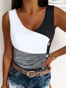 ChicMe Womens Button Decor Colorblock Ruched Slim Fit Tank Top Sleeveless Chic Casual Street Office Party Blouse