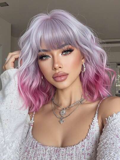 12 Inch Ombre Purple Short Wavy Synthetic Heatproof Wig With Bangs, Suitable For Daily Wear, Parties And Cosplay