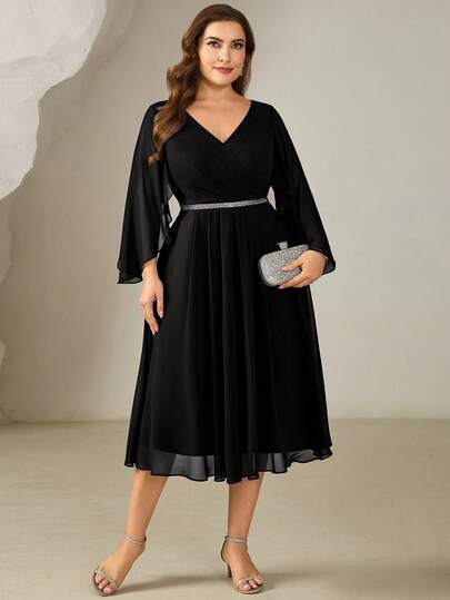 Women's Plus Size Chiffon V Neck Beaded Midi Dress With Bishop Long Sleeves Elegant Bridesmaid Gown Fall Winter Wedding Guest Gown Formal Dresses