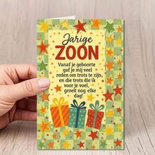 بطاقة تهنئة عيد ميلاد هولندية "ابني العزيز" مع ظرف - بتصميم نجمة احتفالية وهدية، مثالية للهدايا لابن هولندي، مناسبة لاحتفالات عيد الميلاد، بطاقة تهنئة