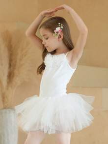 Young Girl Cute Floral Decor Spaghetti Strap Tutu Skirt, Children Ballet Dance Leotard - White - View 7