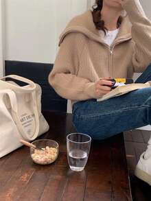 1pc Women Solid Color Faux Wool Ribbed Zip-Up Cardigan, Suitable For Home, Daily Wear, School, Holidays, Autumn - Camel - View 5