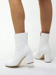 Women's High Heel Ankle Boots, Square Toe Chunky Heel Short Boots, Winter New Nude Booties - 白色 - 查看 5