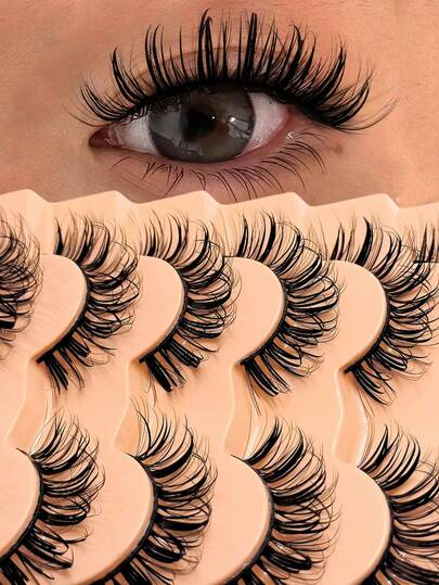  Asiteo 7对装浓密卡通湿润效果假睫毛，D卷俄式蓬松仿貂毛睫毛，Y2K浓密柔软长卷假睫毛