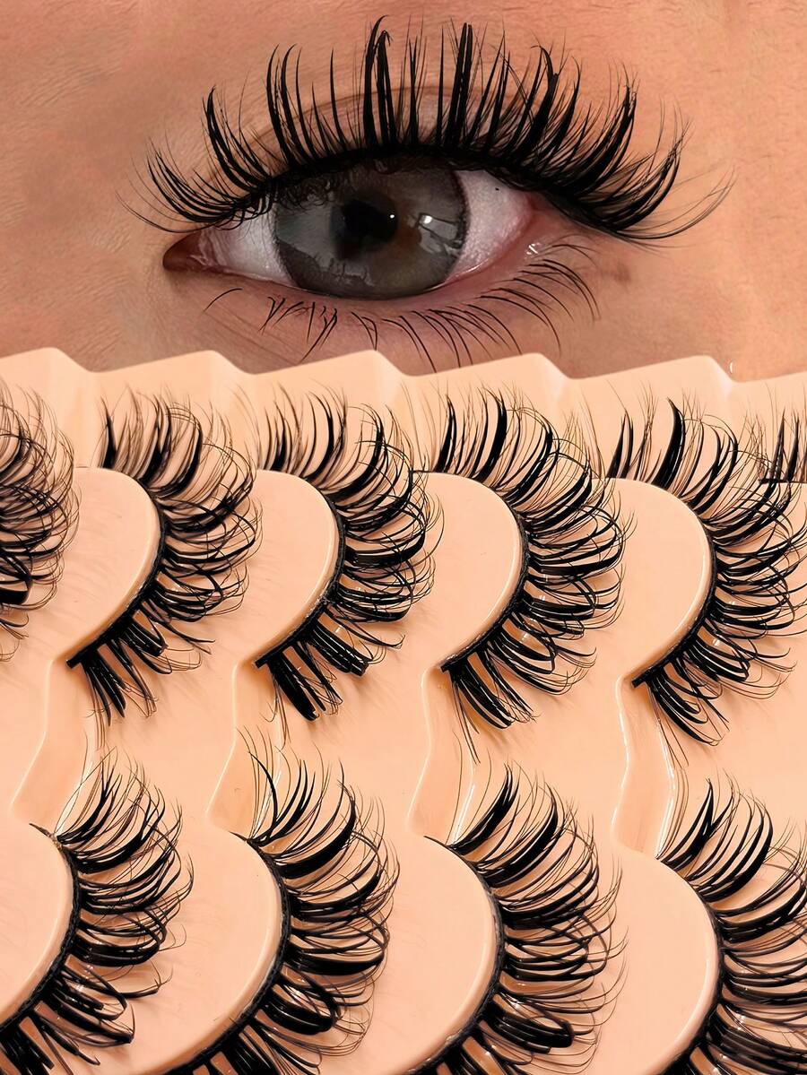 Asiteo 7对装浓密卡通湿润效果假睫毛，D卷俄式蓬松仿貂毛睫毛，Y2K浓密柔软长卷假睫毛 - 漫畫款濕睫毛 - 查看 1