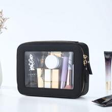 Chic Transparent Cosmetic Bag With Zipper And Handle, Portable Clear Travel Toiletry Bag Set, Suitable For Men And Women Makeup Bag Makeup Bags Makeup Organizer Make Up Organizer Makeup Storage Make Up Bag - Black - View 6