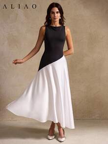 Váy dài hở vai chữ A không tay siêu co giãn Aliao cao cấp, mùa cưới, trang phục ngày lễ tình nhân, thu đông, sự kiện tiệc trắng, phong cách quý tộc, phong cách cung đình, trang phục bắt mắt, trang phục thanh lịch hàng ngày - Đen và trắng - Xem 4