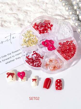 1Box Nail Parts Heart Wings Butterfly Pearl Red Pink Nail Parts Character Nail Ribbon Parts