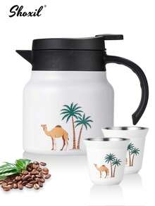 shoxil 1PC 800ml White Coffee Pot, Camel Coconut Tree Pattern Insulated Pot, Insulated Teapot, Kettle, Middle Eastern Style Teapot, 80ml Tea Cup, Coffee Cup, Water Cup, Double-Layer Insulated Cup, For Home, Coffee Shop, Ramadan Gifts - White - View 15