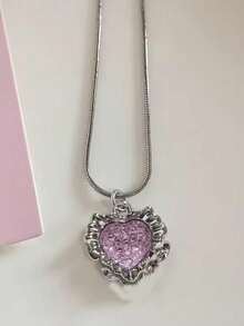 复古粉色心形蝴蝶结吊坠不锈钢蛇链项链女孩哥特 Y2K 美学狂欢珠宝配饰 - 粉色 - 查看 6