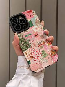 1个时尚简约可爱粉色圣诞拼贴图案竖款仿皮纹理经典防摔高端软皮手机壳，适合作为生日、节日礼物送给朋友、家人、情侣，适用于三星Galaxy 17/16 Plus/16 Pro/16 Pro Max - 彩色 - 查看 3