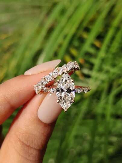 2 Pieces White Diamond Marquise Ring - Partially Set With Full Circle White Diamonds. Luxurious Best-Selling Fashion Ring. Suitable For Daily Wearing. For Both Men And Women.