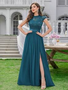 MIUSOL Elegant Women's Mock Neck Sequin Floral Lace Bodice Cap Sleeve A-Line Chiffon Maxi Dress With Side Slit, For Wedding Guest, Prom Or Formal Evening Party - 水鴨藍 - 查看 5