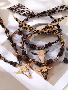 This Gothic-Style Fashionable And Sexy Leopard Print Alloy Carved Bull Head Resin Bead Necklace, Paired With A Leopard Print Scarf, Is The Perfect Choice For Ladies. Suitable For Travel, Daily Wear, And Party Accessories. Western Cowgirl Style, Elegant Ladies' Jewelry. An Excellent Gift For Your Loved One On Valentine's Day. (Due To Product Characteristics, The Bull Head Part May Have Minor Defects And Scratches.)
