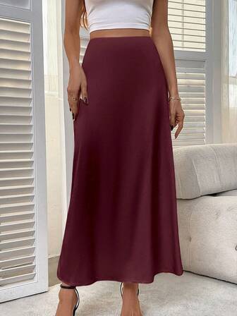 Women's Solid Color Elegant Zipper Slit Skirt, Satin Fabric With Slight Stretch, Elegant Minimalist Fashion Suitable For Summer