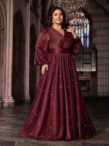 Đầm dạ hội dài tay sang trọng, lấp lánh, cỡ lớn, cổ chữ V, thích hợp cho tiệc chiêu đãi, bữa tối, dạ hội từ thiện, lễ kỷ niệm, tiệc cocktail, đầm maxi xẻ cao màu trơn dành cho phụ nữ có thân hình đầy đặn, thích hợp cho đám cưới, tiệc mùa xuân. - Màu Đỏ Sâu - Xem 5