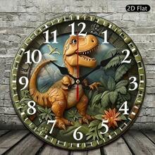 2D Flat 10inch Silent Dinosaur Wall Clock - Made Of Wooden Round Design, Suitable For Living Room, Bedroom, Office Decoration - Battery Operated (AA), Perfect Gift Idea,Valentines Gift,Wall Decor,Room Decor,Home Deocr,House Essentials,Picks - Multicolor/10in/25cm - View 2