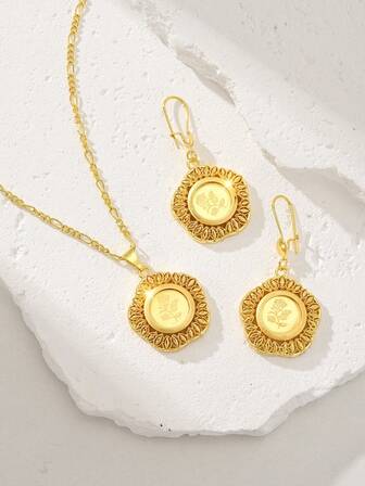 Conjunto dorado - Serie de flores de rosa, diseño minimalista y único - Collar, colgante y aretes de oro para mujer, adecuado para uso diario, bodas y fiestas