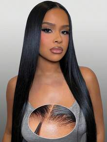 4x4 透明蕾丝前假发，200% 密度直发真人发假发，漂白发结，易于佩戴，无胶蕾丝直发真人发假发设计，适合女性日常佩戴，200% 密度直发真人发假发 - Natural Black - 查看 3