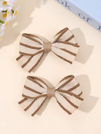 2个米棕色条纹针织发夹，适合女孩，条纹针织蝴蝶结鳄鱼夹，复古风格，秋冬季发夹，暖色调发卡，可爱头饰，儿童发饰
