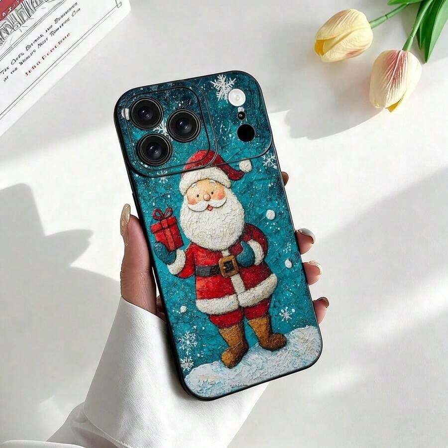 Funda para phone 17 Pro con diseño de Papá Noel de dibujos animados. Silicona mate microporosa. Compatible con phone 17, 16, 15, 14, 13, 12, 11 Pro y Plus. Agarre cómodo, resistente a arañazos. Diseño navideño con estampado de Papá Noel. Color rojo. - Negro - Ver 1