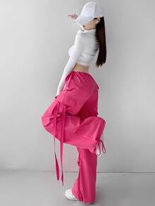 Calle Suelto Cordón Flutter Pantalones de trabajo Pantalones de pierna ancha Pantalones casuales con bolsillos de solapa Cintura baja Cordón de pierna ancha Pantalones de paracaidista - Rosa Fucsia - Ver 3