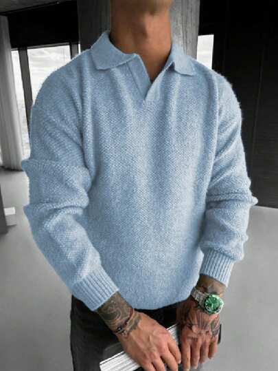  ANDREILEE Men's Casual Loose Fit Commuting Minimalist Solid Color Versatile Polo Collar V-Neck Slim Lightweight Long Sleeve Knit Sweater, Suitable For Autumn And Winter