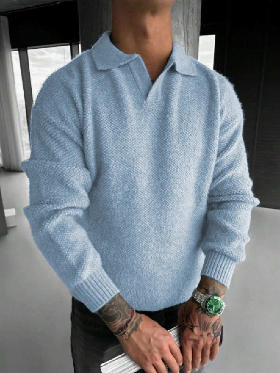 ANDREILEE 男士休闲宽松通勤简约纯色百搭 Polo 领 V 领修身轻薄长袖针织衫，适合秋冬季穿着 - 淺藍色 - 查看 1