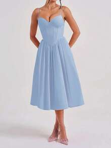 Onicee Women's Winter Dress, Blue Solid Color Belted A-Line Slip Dress, Suitable For Valentine's Day, Dates, Gatherings, Parties, Travel, Vacation, Beach And Other Occasions