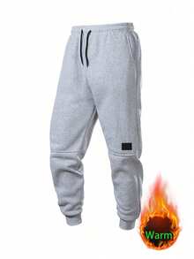 男士休闲弹力腰带保暖内衬慢跑裤，秋冬季保暖 - 淺灰色 - 查看 2