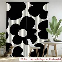 ستائر مطبوعة بنقوش زهرية سوداء وبيضاء - طقم من قطعتين مع حقيبة عصا التعليق، ستائر حديثة وبسيطة، مناسبة لغرف المعيشة والنوم - ستائر ديكور منزلي أنيق، ستائر غرفة المعيشة - متعدد الألوان - مشاهدة 1