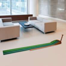 Indoor Golf Putting Practice Mat And Practice Equipment With Automatic Return Training Assistance, Putting Training Equipment With Aiming Line, Dual Hole Design - Wood+Green - View 2