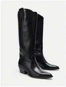 2025秋冬新款女士时尚麂皮尖头粗跟过膝长靴，派对西部风套穿式中筒靴，假日必备 - 黑色 - 查看 1