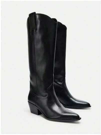 2025秋冬新款女士时尚麂皮尖头粗跟过膝长靴，派对西部风套穿式中筒靴，假日必备