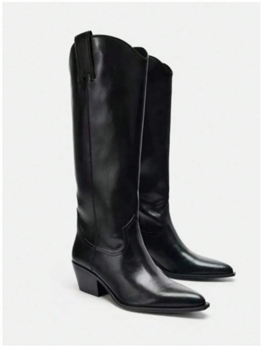 2025秋冬新款女士时尚麂皮尖头粗跟过膝长靴，派对西部风套穿式中筒靴，假日必备 - 黑色 - 查看 1