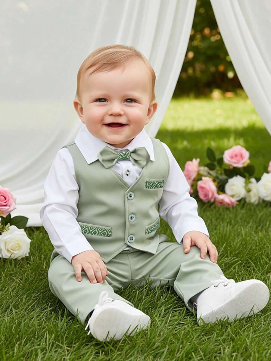 BOARNSEORL 男婴绅士套装三件套：白色长袖衬衫配领结、绿色马甲和裤子，时尚优雅，适合生日派对、聚会、晚宴等场合。 - 綠色 - 查看 1