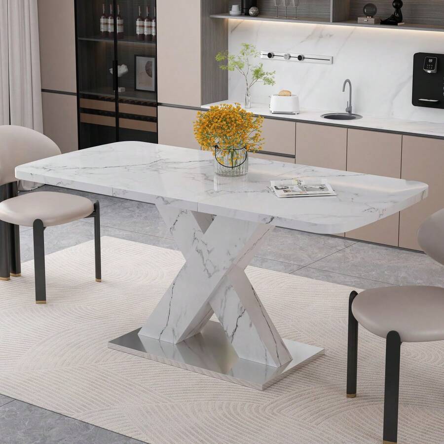 Modern Rectangular Dining Table, 120cm-160cm, Extendable, With Printed Black Marble Top + MDF X-Shaped Table Leg With Metal Base - White + MDF+Steel + Primary Living Space - View 1