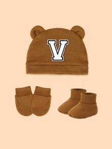 3件套新生儿礼盒，包含1顶白色经典字母装饰婴儿帽、1副防抓手套、1双连体衣，男女宝宝均可佩戴，时尚个性，适合节日、新生儿礼物和日常穿着。 - 咖色 - 查看 16