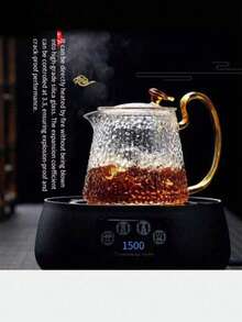 1个高硼硅玻璃茶壶，带滤网，适用于电炉加热，锤纹玻璃茶壶，锤纹茶壶，带侧滤网的玻璃茶壶，小黑茶壶，花卉图案茶壶，功夫茶具套装